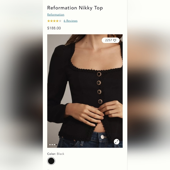 Reformation Black Button Front Long Sleeve Top Size 10 - Picture 6 of 10